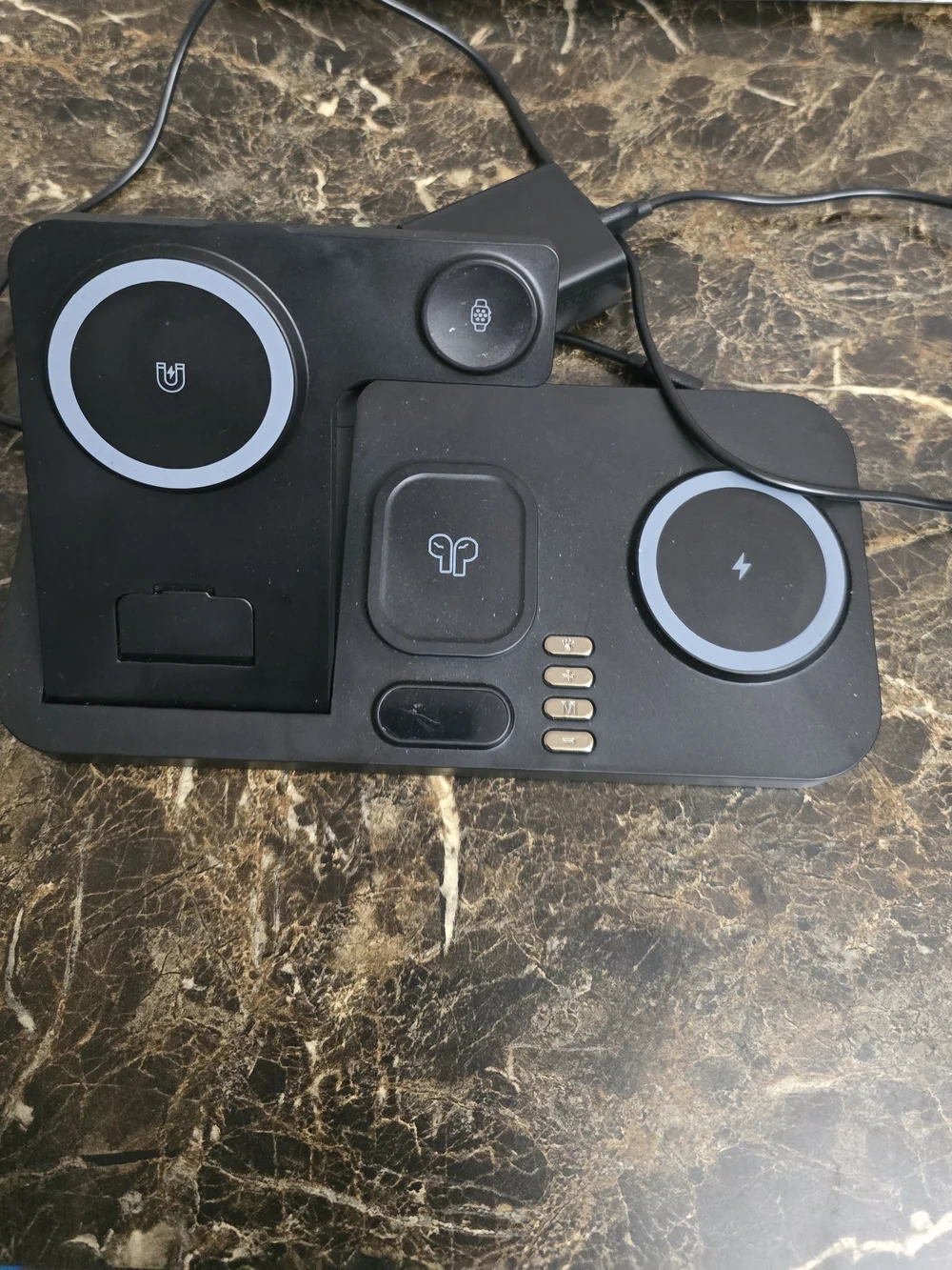 30W Dual Phone Wireless Charging Station in Black with Watch & Earbuds Stand